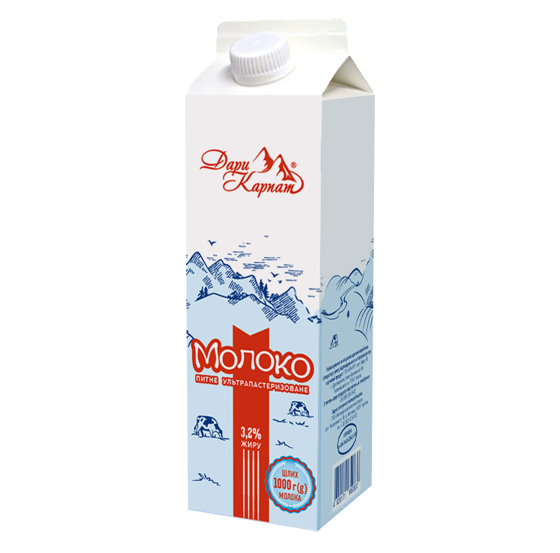 Молоко питне ультрапастеризоване 3,2% жиру 1000г ТМ ДАРИ КАРПАТ